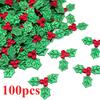 100pcs Mini Triple Leaf Holly Berries, Christmas Simulation Holly Berries Artificial Holly Leaves for Christmas Wreath Card Gift Tags