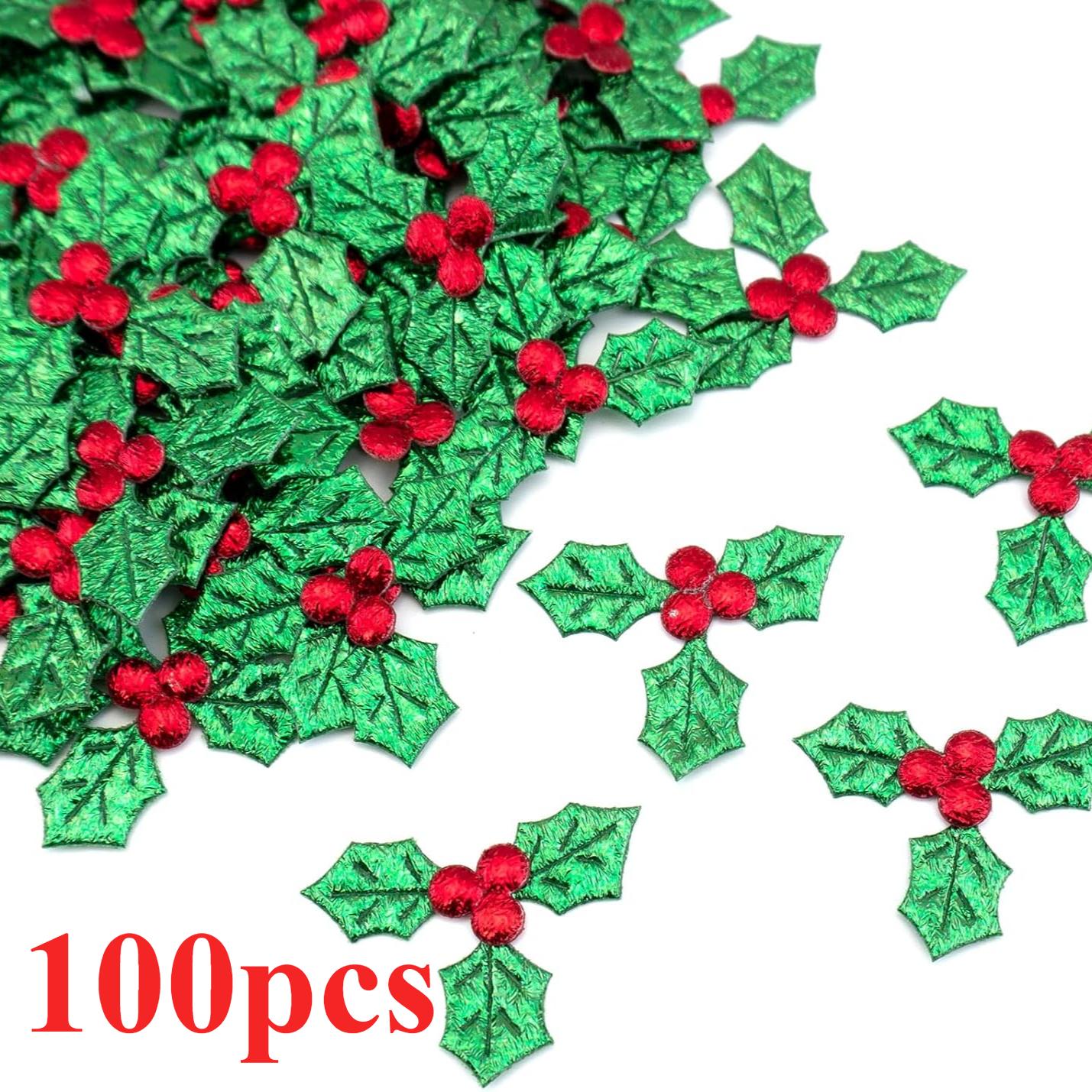 

100 шт. Мини Тройные Листья Остролиста с Ягодами, Рождественская Имитация Ягод Остролиста Искусственные Листья Остролиста для Рождественского Венка, Открытки, Подарочных Бирок 3.5cm зелёный