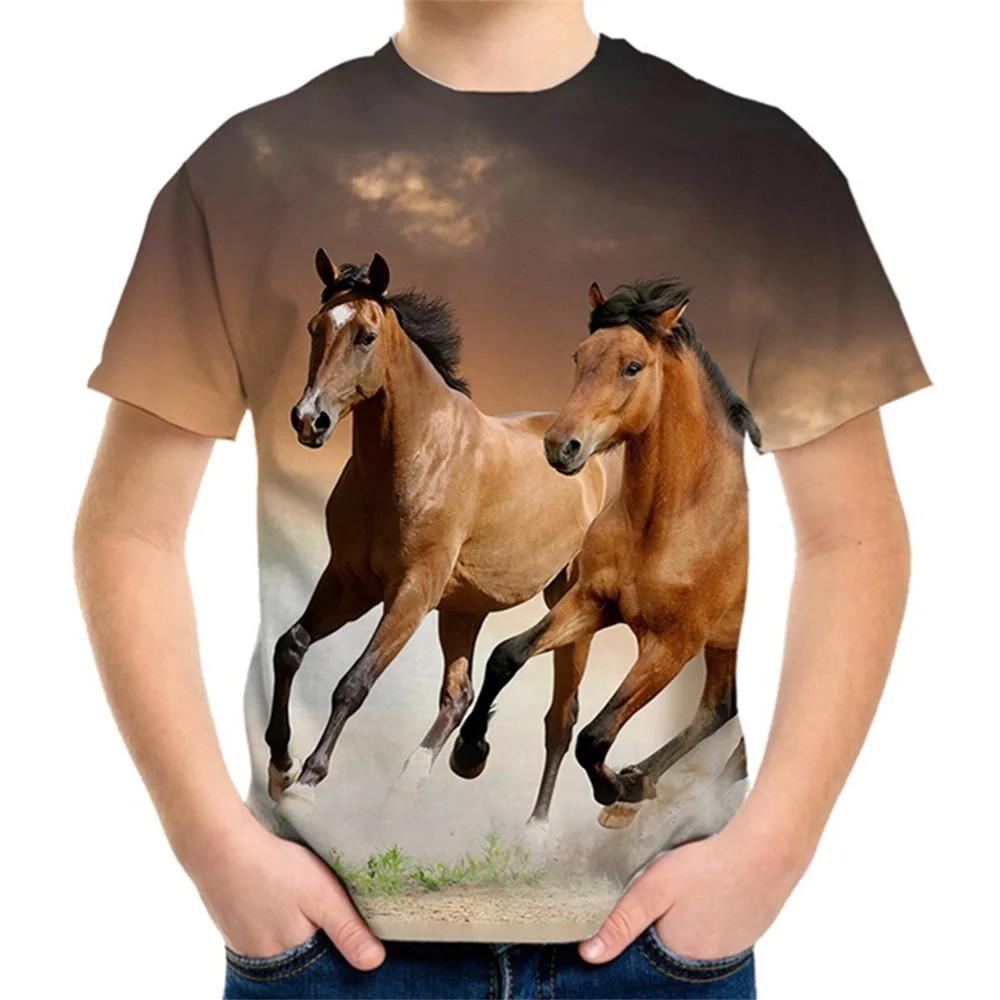 Summer Round Neck 3D Horse Pattern Printed Top Fashionable Casual Short Sleeved Children's Boy T-shirts