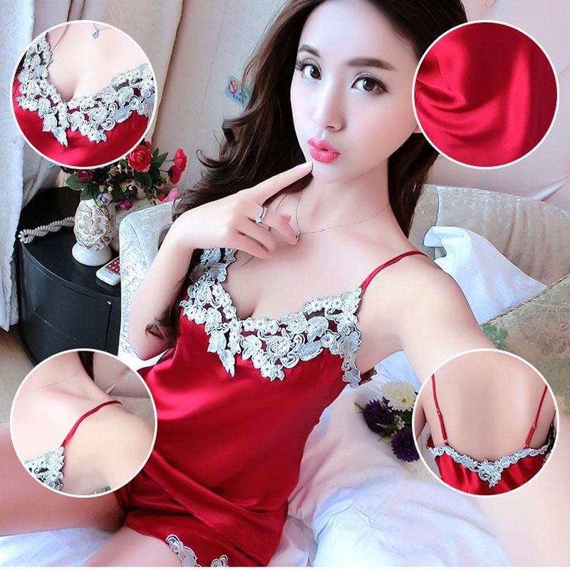 Elegant And Alluring Satin Lace Sleepwear Babydoll Lingerie Nightdress Pajamas Set For Women