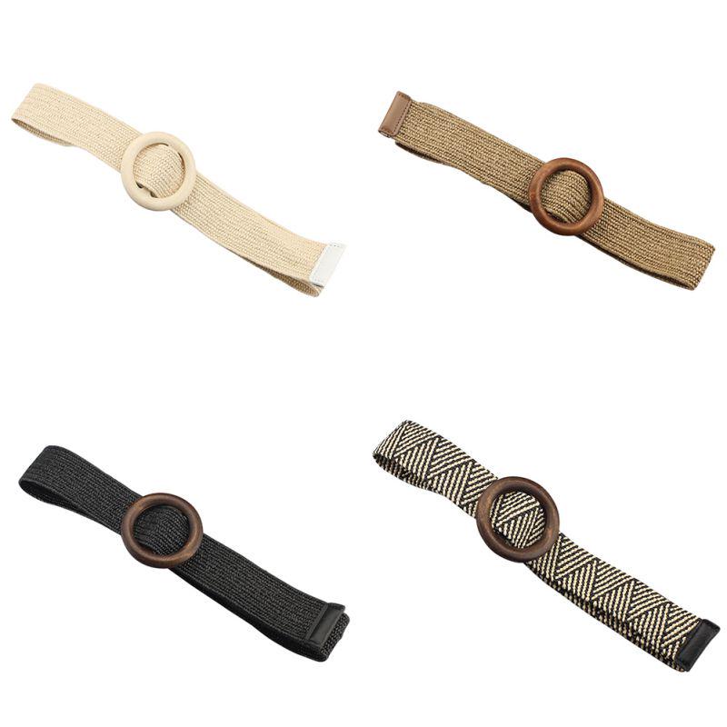 Lady Bohemian Elastic Braided Belt  Female Dress Jeans Wide Black PP Straw Designer Wood Buckle Boho Belts