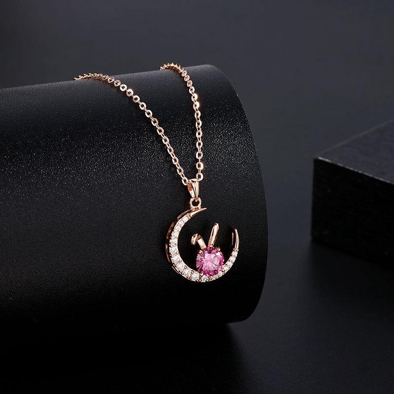 Women's Light Luxury S925 Silver Necklace with Pink Moissanite Rabbit Pendant - Jade Rabbit Zodiac Design