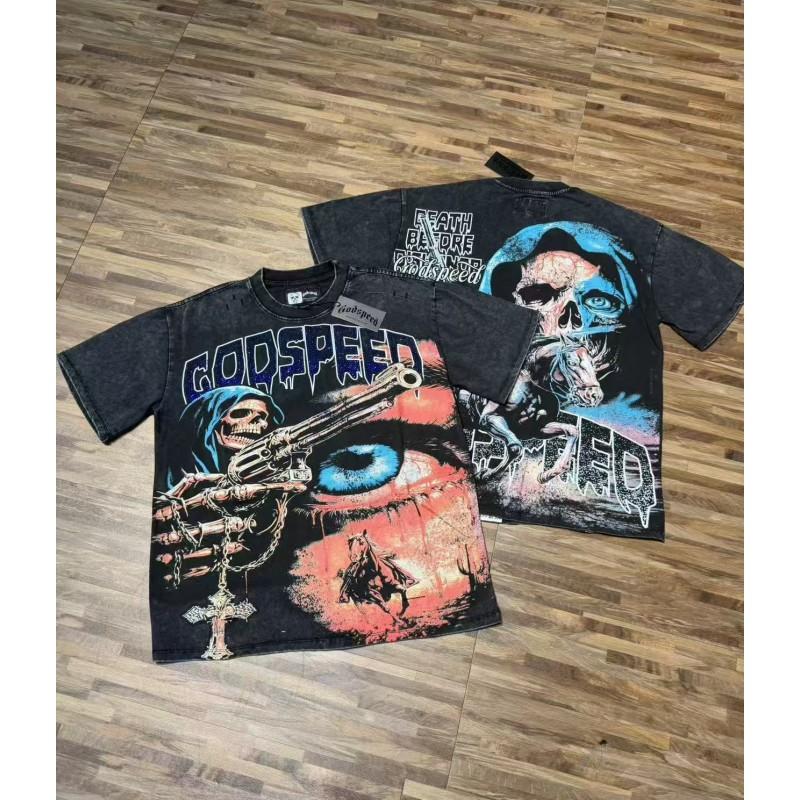 Mens Oversized Graphic Tee With Skull Print Washed Vintage Cotton T-Shirt Loose Fit Short Sleeve Crew Neck