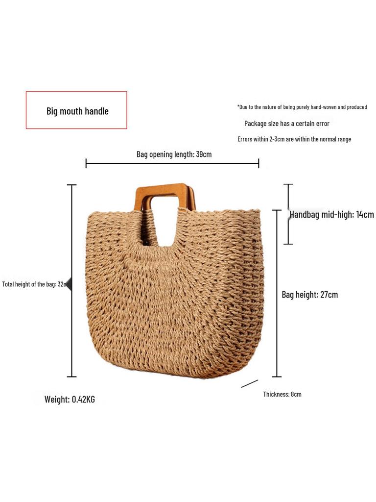 Borsa Intrecciata Casual Fatta a Mano con Manico in Legno - Grande Capacità per Spiaggia Estiva e Viaggi