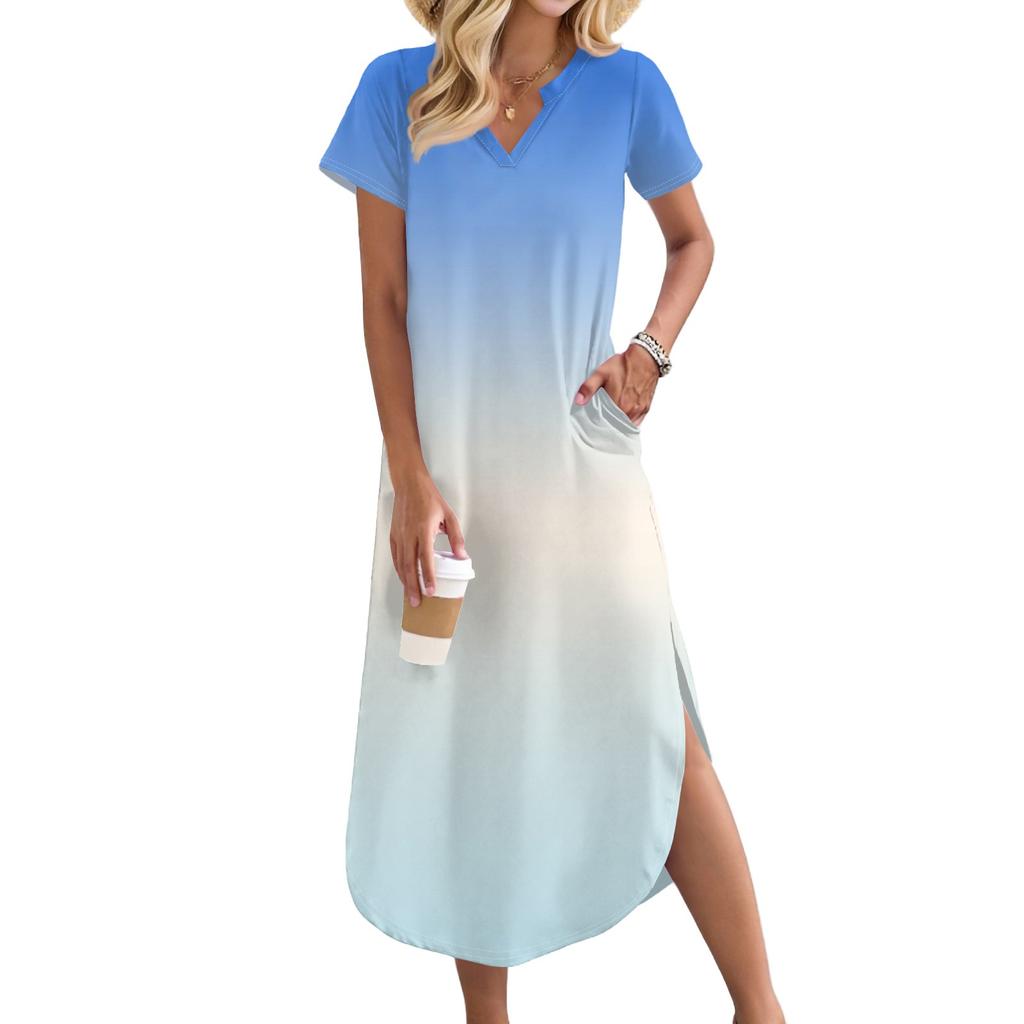 Women's Long Skirt Casual V-neck Long Shirt Dress Loose Slit Holiday Short Sleeve Dress