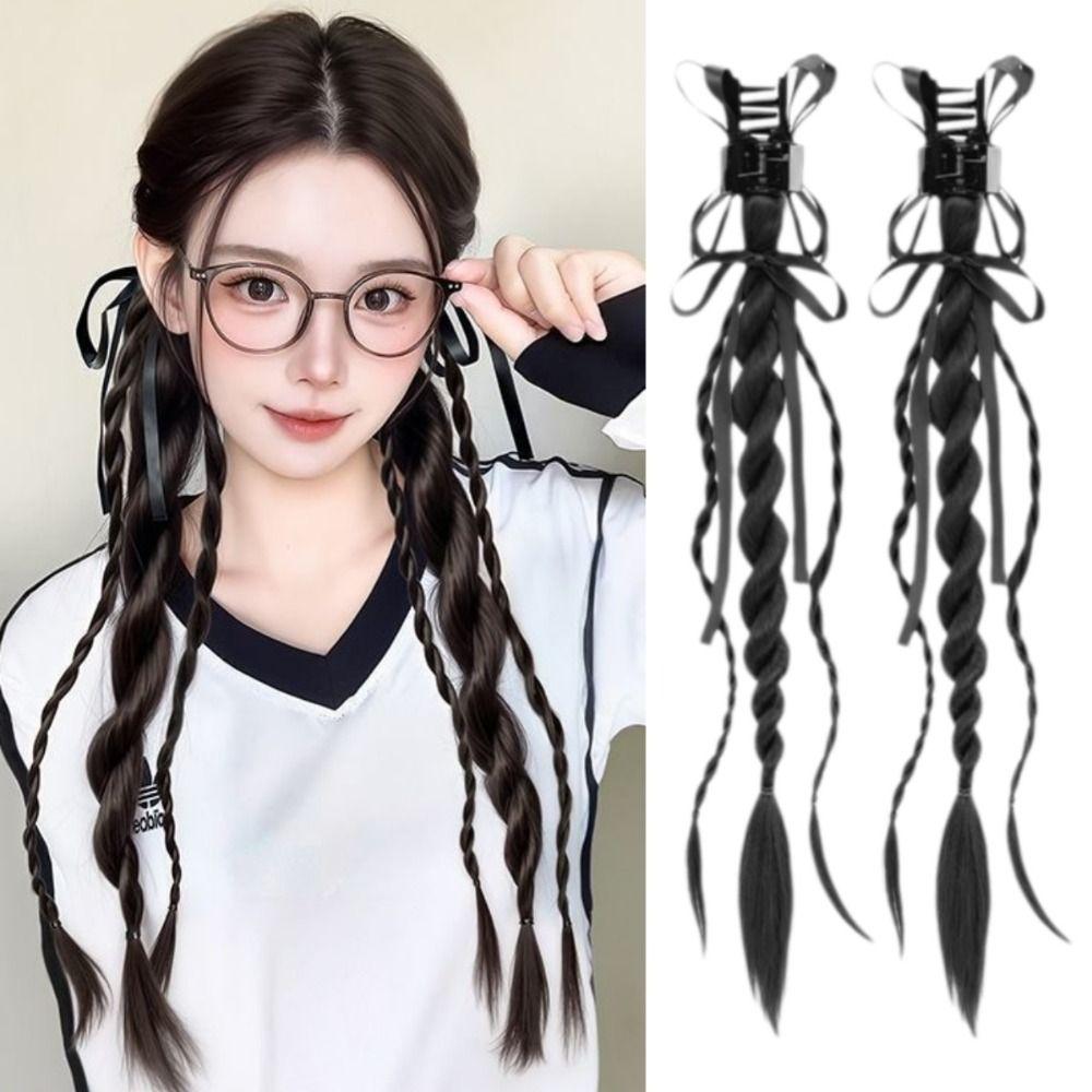 1Pair Ribbon Claw Clip Double Ponytail Twisted Braid Long Braiding Hair Extensions Party