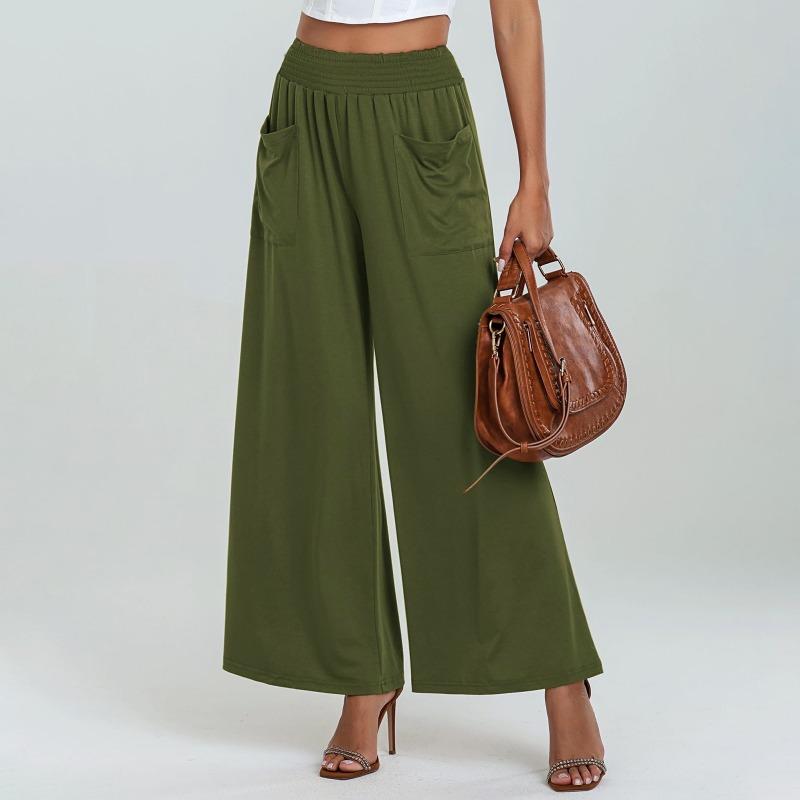 Fashion Loose Elastic Waist Women's Wide Leg Pants High Waist Casual Office Simple Office Trousers with Pockets Solid Color Elegant Clothing