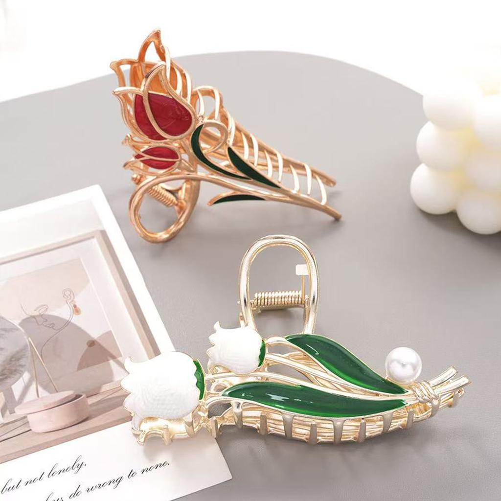 1pc elegant dripping process red tulip white lily of the valley large alloy hair catch, strong fixing shark clip