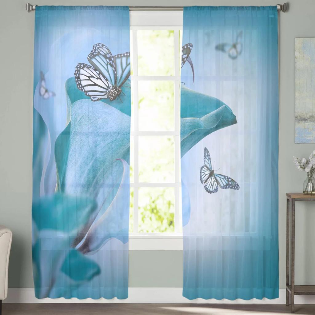 Motyl Kwiat Niebieski Roślina Przezroczysta Zasłona do Salonu Hall Wall Dress Up Home Window Supplies Pop Print Tiulowe Zasłony