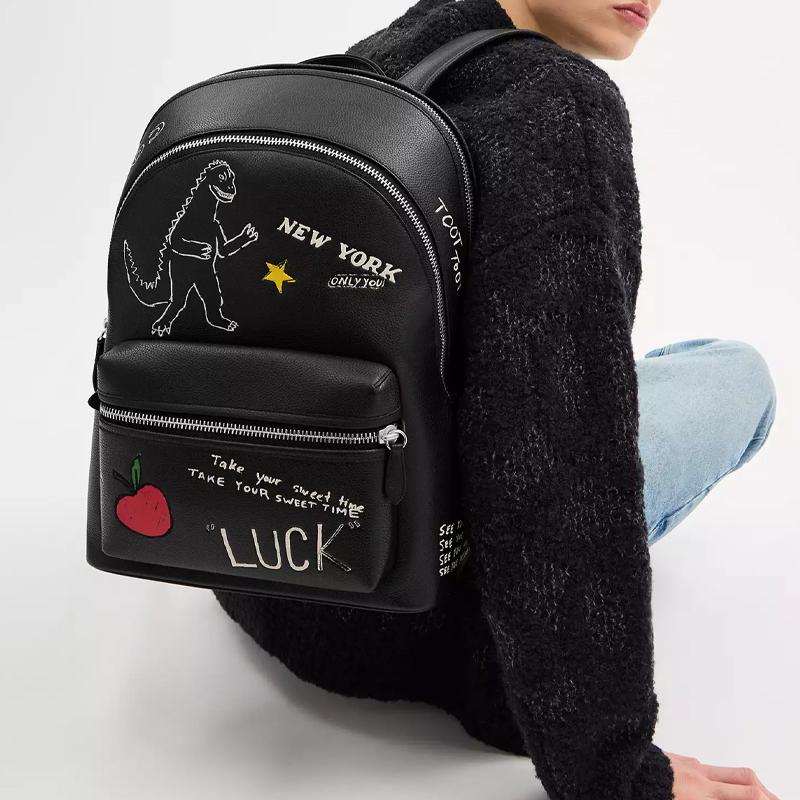 Coach Charter 30 Sketch Print Polished Pebble Leather Backpack Large Men backpack Black CAJ84-BLC