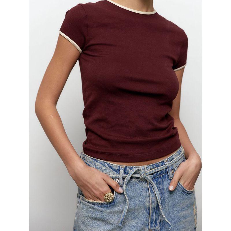 

Women s Short Sports T-shirt round Neck Contrast Color Work Clothing All-Matching Slim Fit Fitness Short-Sleeved Shirt Trendy Autumn 2025 Deep red S