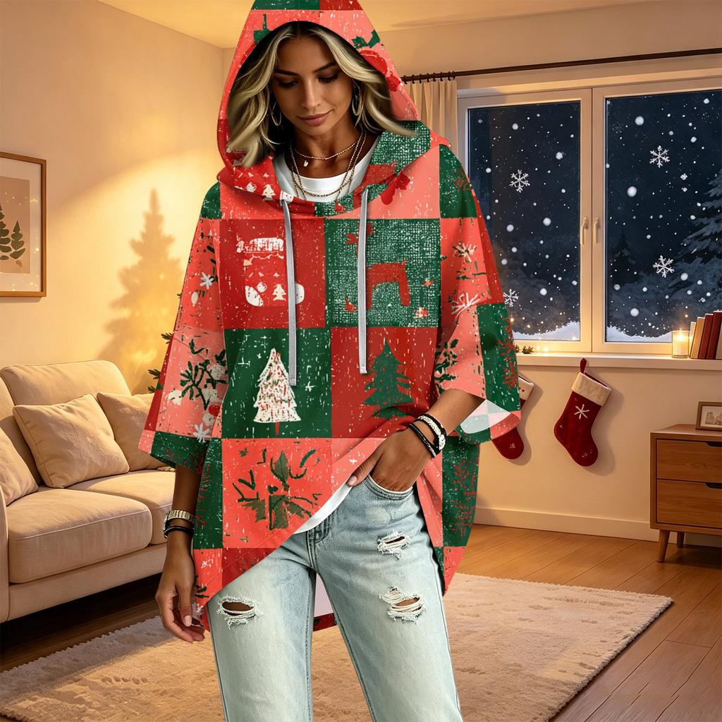 Women's Fashion Christmas Print Hooded Pullover Top, 3/4 Sleeve Casual Tunic
