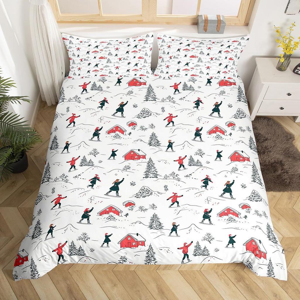 Ski Theme Duvet Cover Green Pine Cable Car Bedding Set Country Style Three-Piece Set