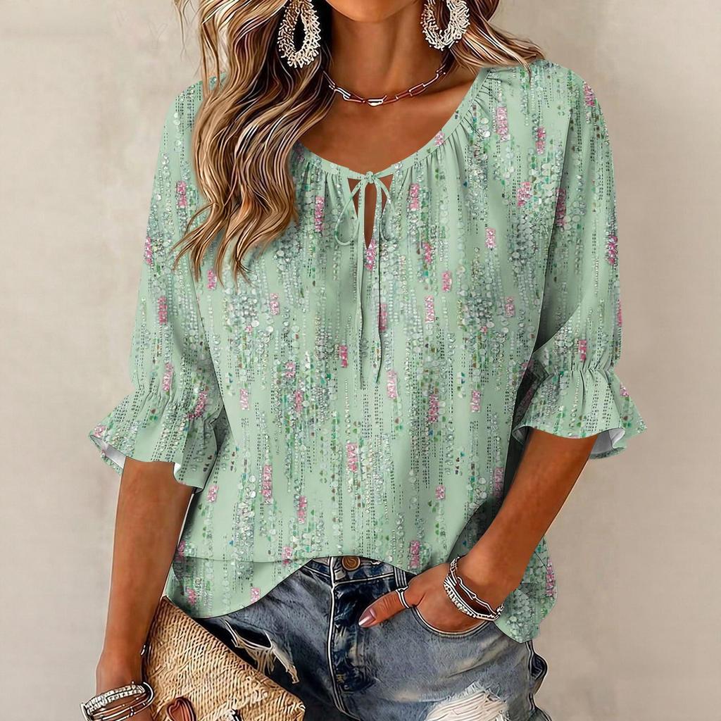 Women's Retro Floral Print Blouse with Ruffle Three-Quarter Sleeves and Tie Front