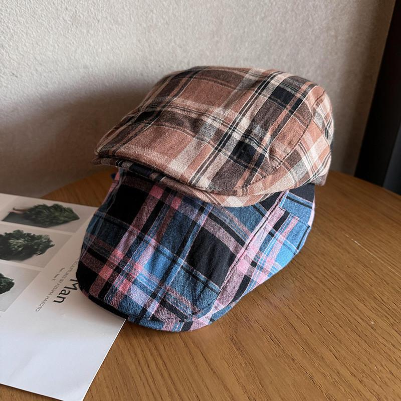 Grid Clashing Color Summer Breathable Cotton Blended Beret Hat Fashion Women