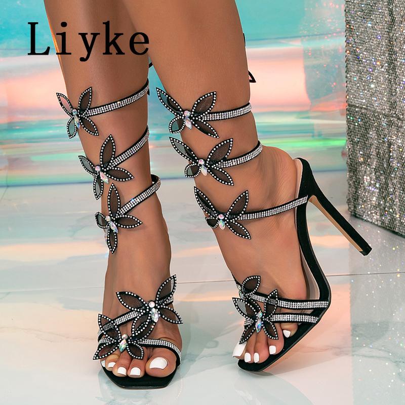 Fashion Liyke Fashion Glitter Rhinestones Women Sandals Crystal Butterfly Square Toe Wedding Party Stripper Shoes High Heels Black Blue