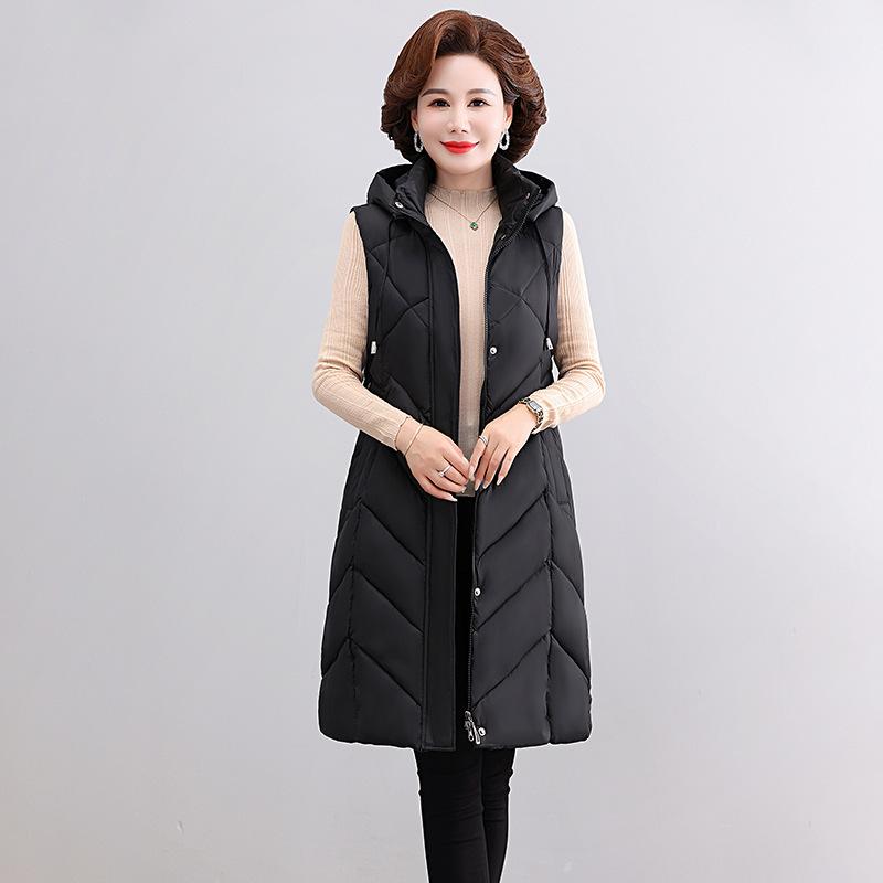 

Женский пуховый жилет средней длины с капюшоном для среднего и пожилого возраста 6XL чёрный