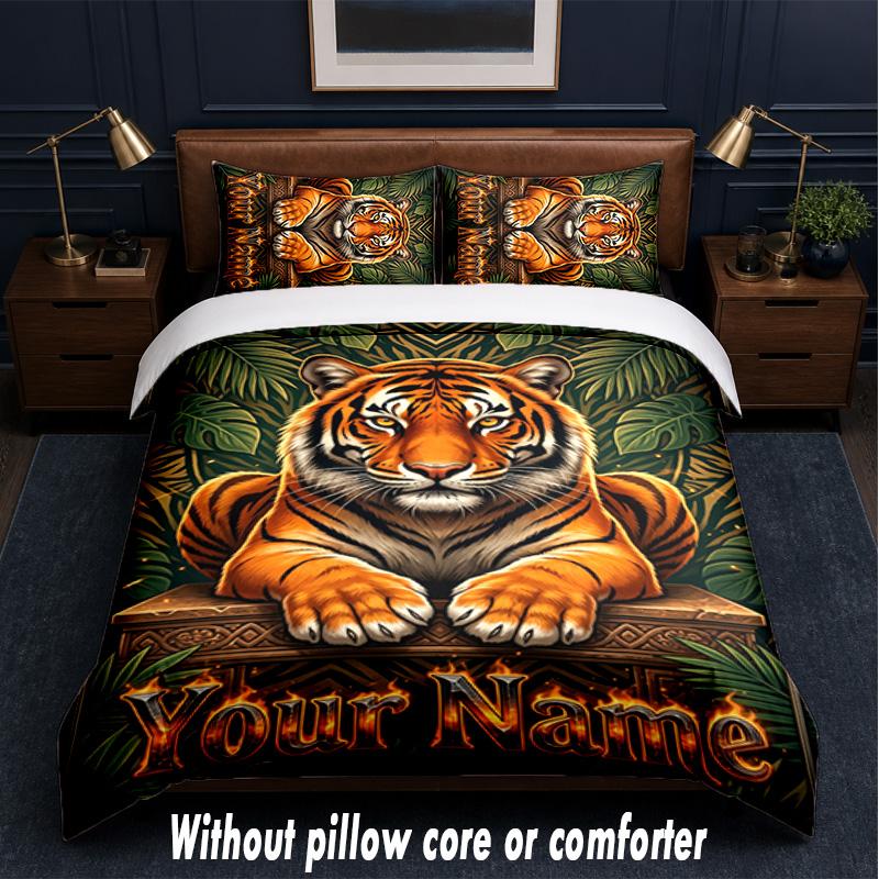Lion Tiger Theme Custom Text Or Name 3Pcs Bedding Set,1 Flat Sheet & 2 Pillowcases Personalized Home Bedding