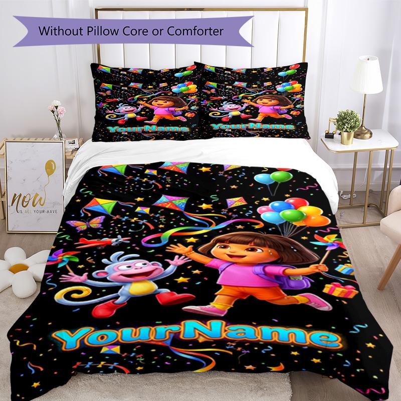 Dora Explorer Customize Your Name Bedding Set Breathable Duvet Cover with Pillowcases Home Decoration Birthday Gift
