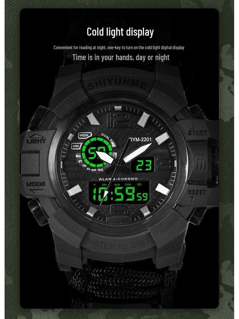 Men's Outdoor Survival Watch with Dual Display, Life-Saving Rope, Fire Starter, Whistle, and Compass