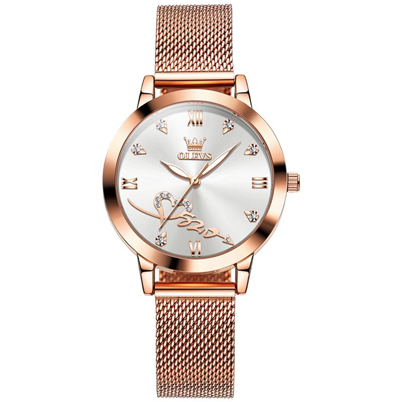 OLEVS Elegant Rose Gold Women Watch Love Heart Rhinestone Milanese Mesh Band Waterproof Dress Quartz Wristwatch For Ladies