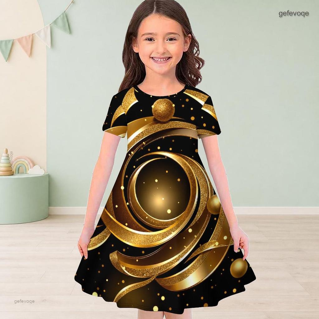 Girls Round Neck Short Sleeve Floral Tree Printed A Line Flared Black Dress
