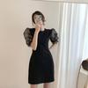 BEYANE Sheer Sleeve Cabaret Sexy Korean Party Wedding Short Concert Elegant Short Mini Plus Jeweled Formal Mini Cabaret Upper Arm Length Dress, Black,