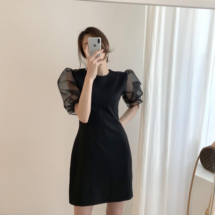 BEYANE Sheer Sleeve Cabaret Sexy Korean Party Wedding Short Concert Elegant Short Mini Plus Jeweled Formal Mini Cabaret Upper Arm Length Dress, Black,