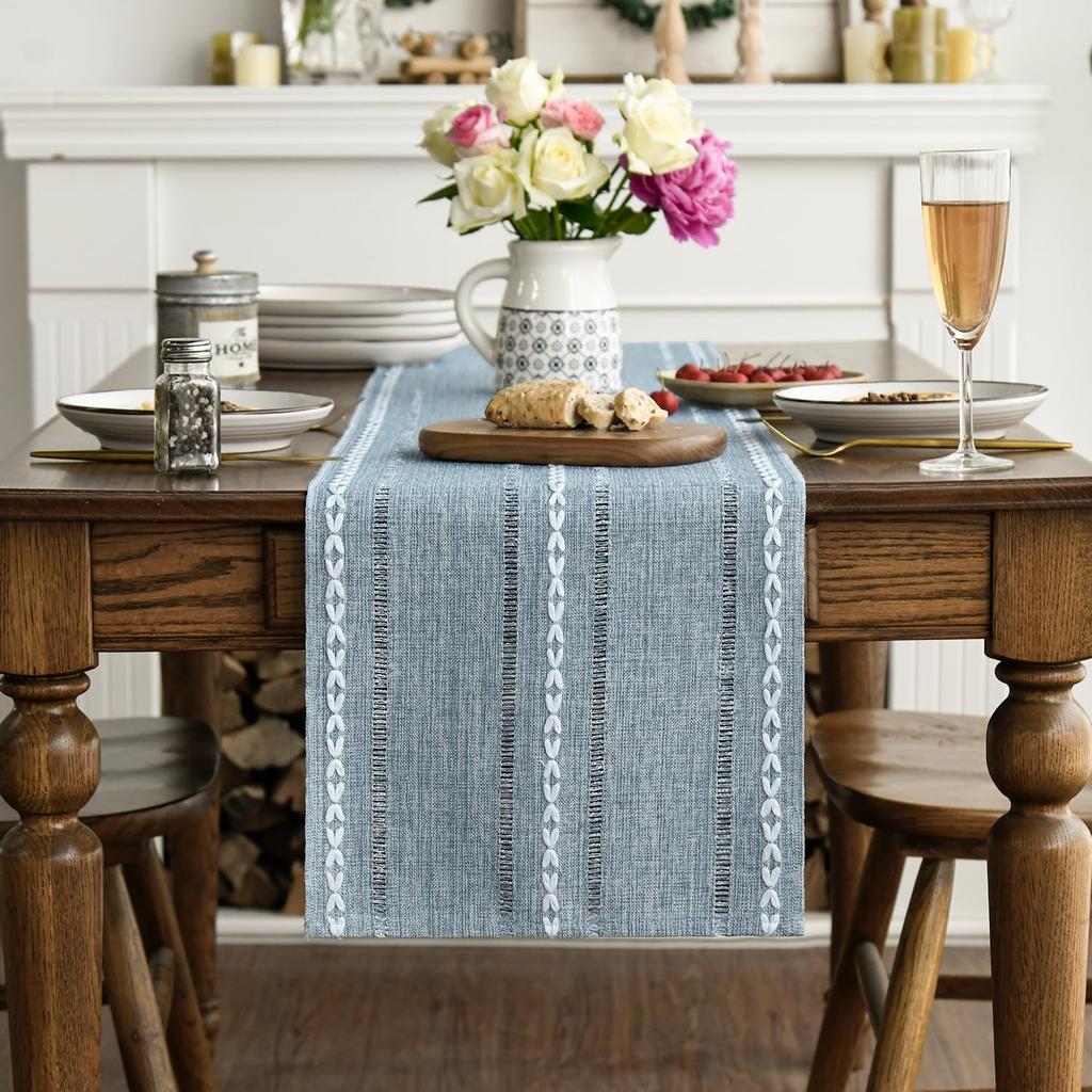 Table Runner Green Cotton Linen Soft Washable Rustic Embroidered for Hollow Kitchen Dining Home Party Table Decoration