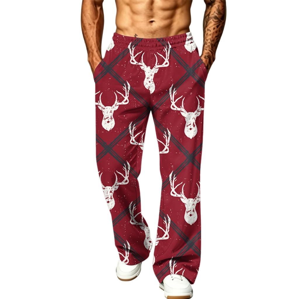 Men's Fashion Casual Loose Fit Wide Leg Christmas Print Sports Pants with Pockets