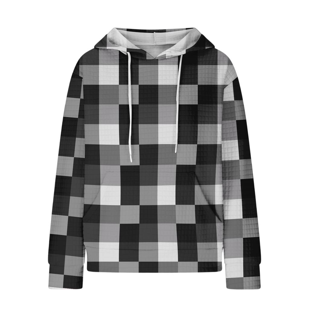 Damenmode Lockerer Kapuzenpullover Langarm Kariertes Sweatshirt mit Kordelzug Überschnittene Schultern und Tasche Print Top