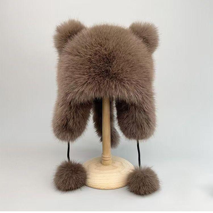 Girls' Winter Furry Lei Feng Hat with Cute Bear Ears and Face-Revealing Design for Northeast China