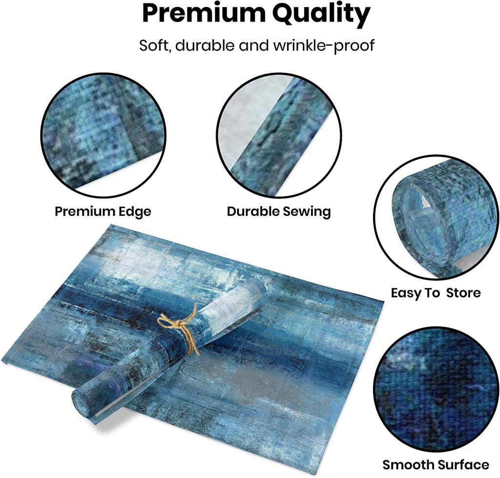 Sorfbliss Modern Art Placemats Set of 4 Blue and Grey Abstract Painting Place Mats for Dining Table Home Party Decor 18x12 Inch