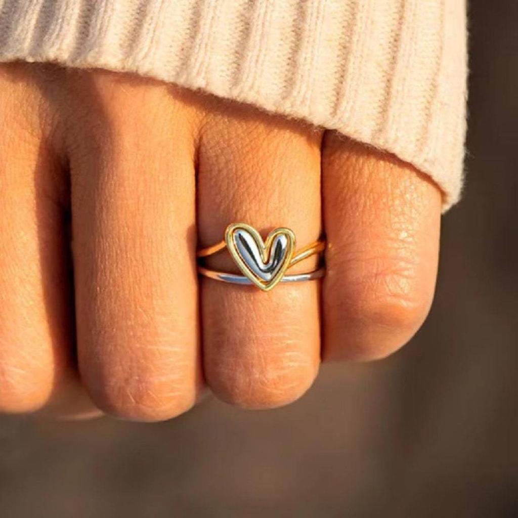 Heart Shaped Double-Layer Color Blocked Rings for Women Men Sweet Romantic Lovers Rings Set Engagement Jewelry Gifts Accessories
