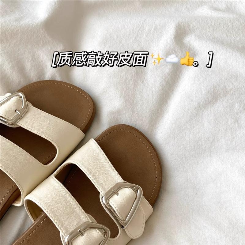 Romantic Vacation Style~! Seaside French Lazy Ins Summer Leather Cool Slippers Women's Breathable Soft Bottom One-word Slippers