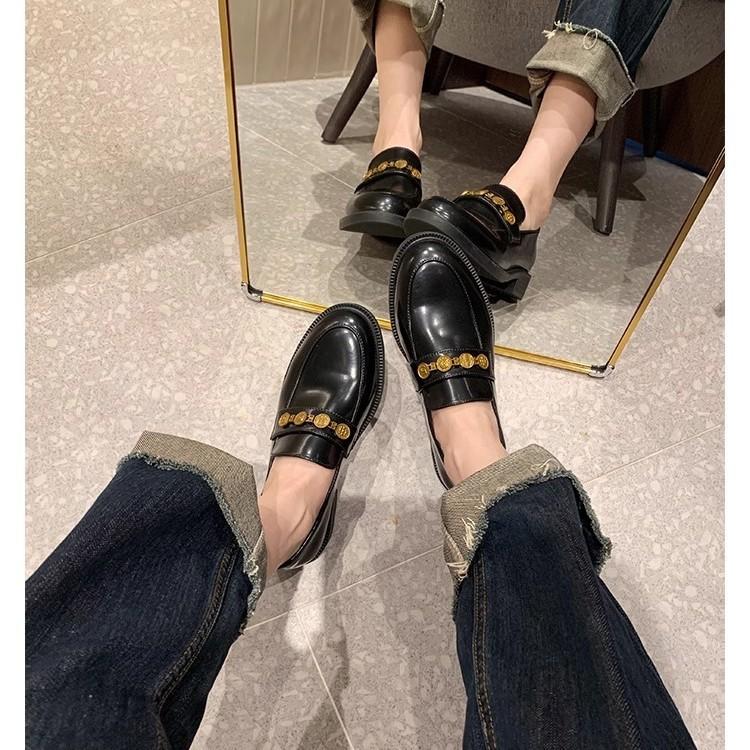 Grape mother with the same round head small gold coin classic lazy one-pedal loafer single shoes temperament versatile thick heel small leather shoes