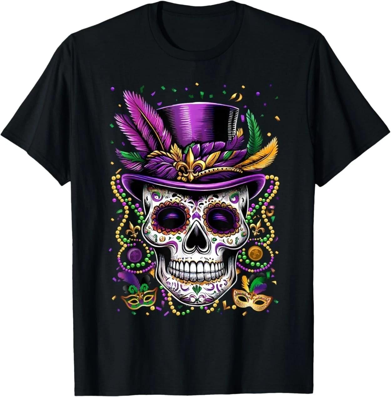 Mardi Gras Skull Top Hat Beads Mask New Orleans Louisiana T-Shirt Made In USA S
