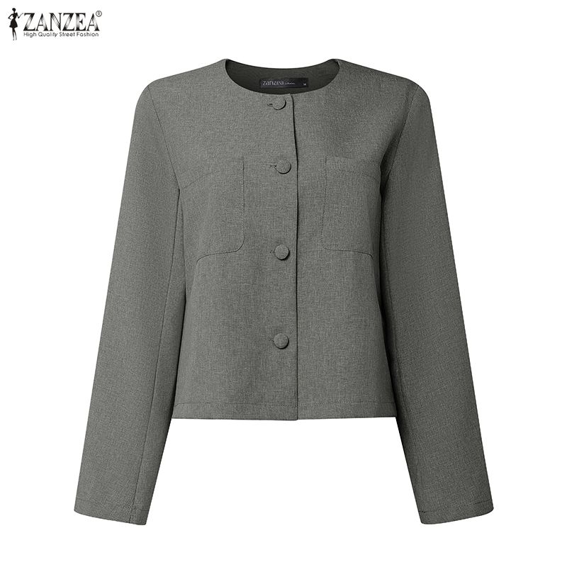 ZANZEA Women Casual Round Neck Long Sleeve Cardigan Blouse