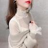 Autumn/Winter Fashionable Semi-High Neck Trumpet Sleeve Lace Polka Dot Mesh Women's Top