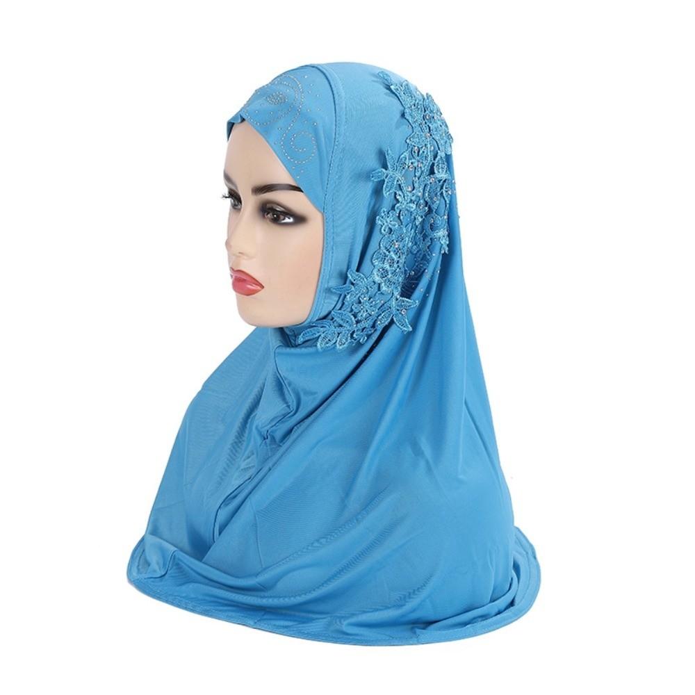 Elegant Islamic Scarf Flower Prayer Headscarf Fashion Lace Rhinestone Hijab Eid синий