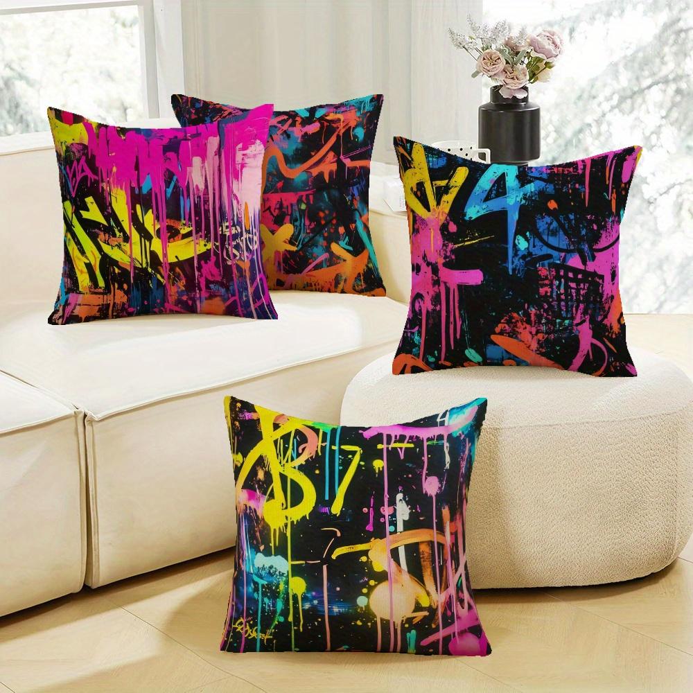 4Pcs Street Art Neon Colors Digital Printing Pillow Cover Short Plush Suitable Living Rooms Bedrooms Sofas Throw Cushion Cover