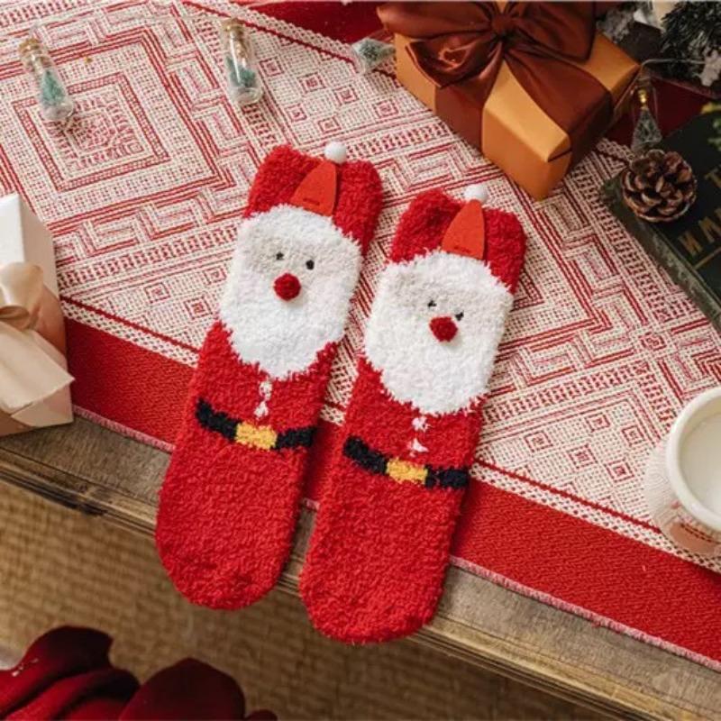 Herbst- und Winter-Weihnachtssocken für Damen: Nicht fusselnde Korallenfleece-Socken, Verdickte warme Cartoon-Halbfleece-Mittelwaden-Socken, Bodensocken