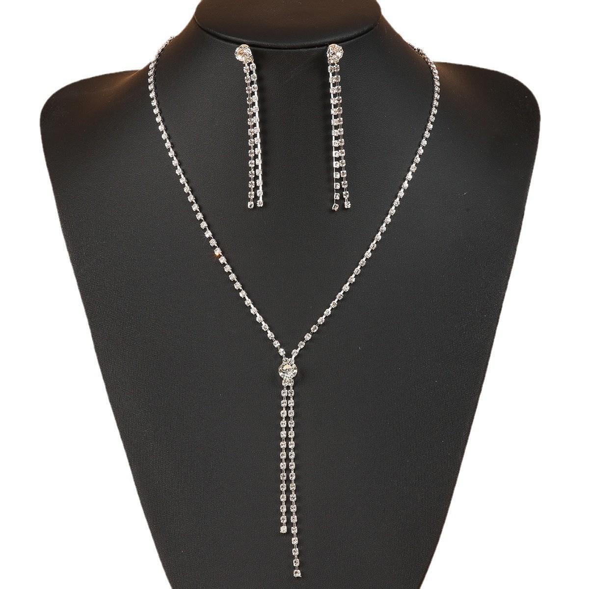 New Fashion Bridal Accessories: Exaggerated Diamond Necklace  Tassel Earrings Rhinestone Set серебряный