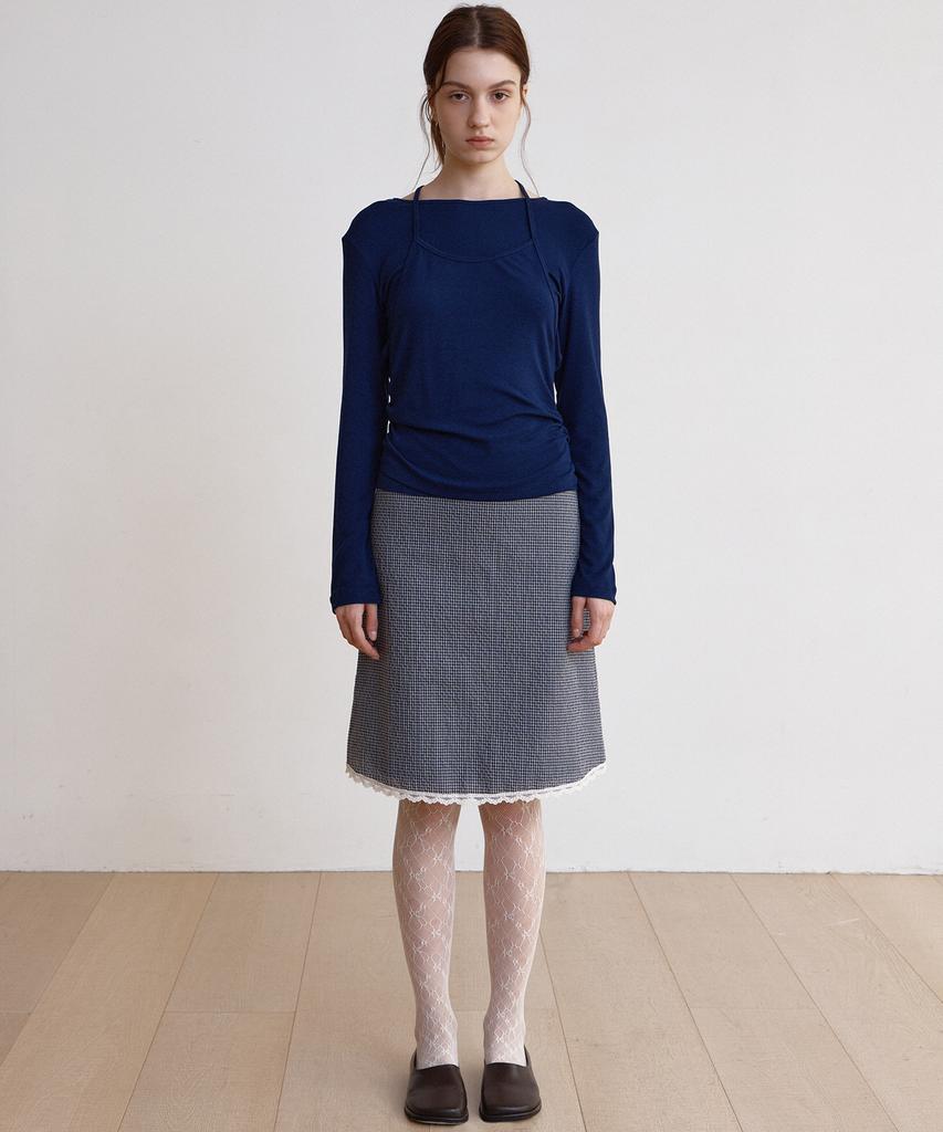 Button Lace Check Skirt (Blue)