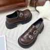 Spring New Fashion Metal Buckle Design Women's High Heels Thick-Soled Comfortable Loafers Retro Solid Color Casual Shoes