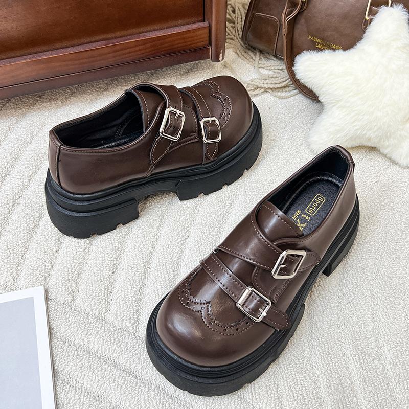 Spring New Fashion Metal Buckle Design Women's High Heels Thick-Soled Comfortable Loafers Retro Solid Color Casual Shoes