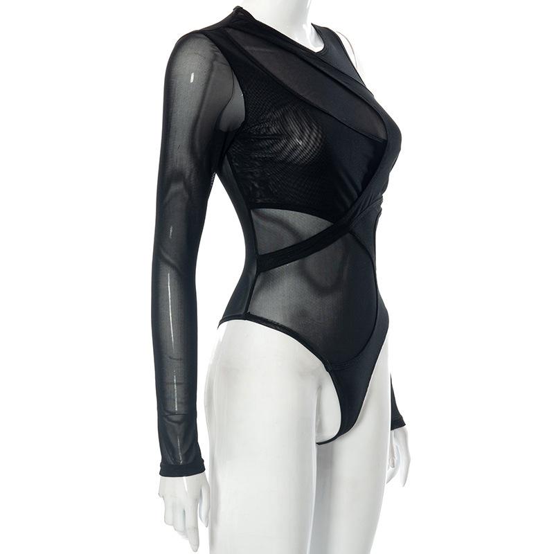 High Street Sexy Transparent Slim Bodysuits Women Skinny Fashion Patchwork Basic One Piece Elegant Bodysuits Solid Party Clothes