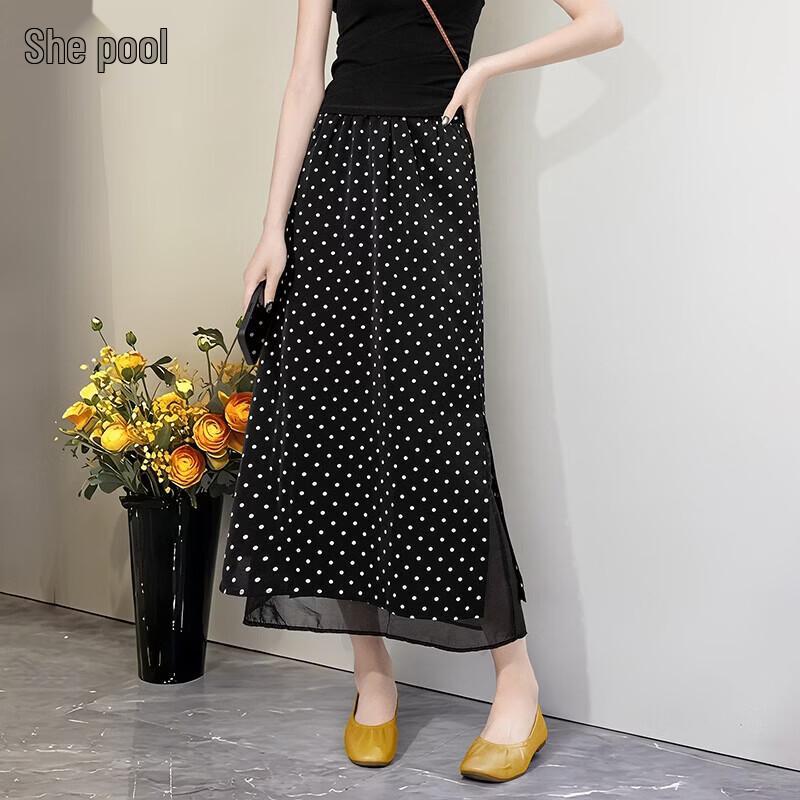 French Style Polka Dot High-Waist Slit Midi Skirt M