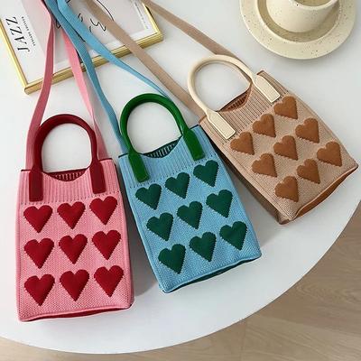 Stylish Love Knit Handbag Crossbody Bag for Women's Mobile Shoulder Bag Handmade Tote Bag Reusable Shopping Bag