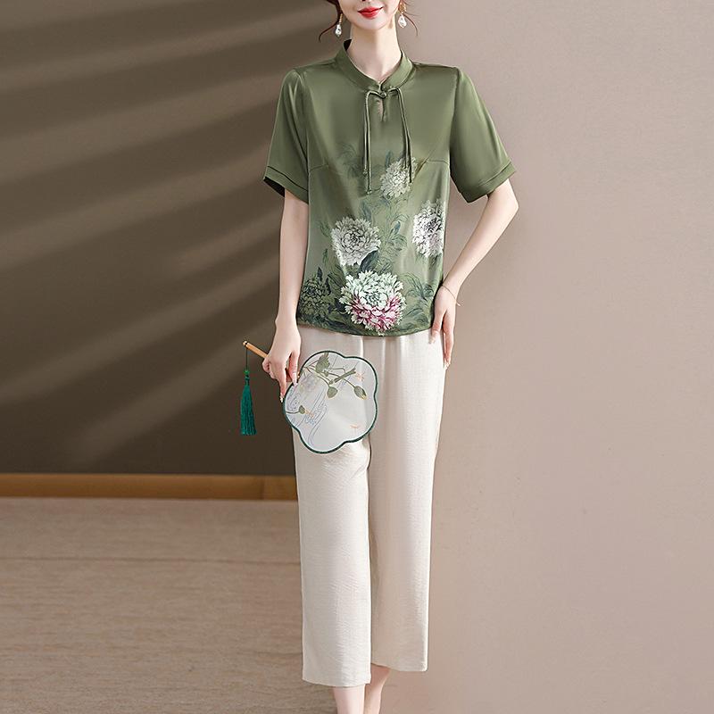

Mom s 2026 Chinese Style Chiffon Suit: Short-Sleeve Printed Top for Middle-Aged and Elderly Women 3XL (for 135-145 lbs)